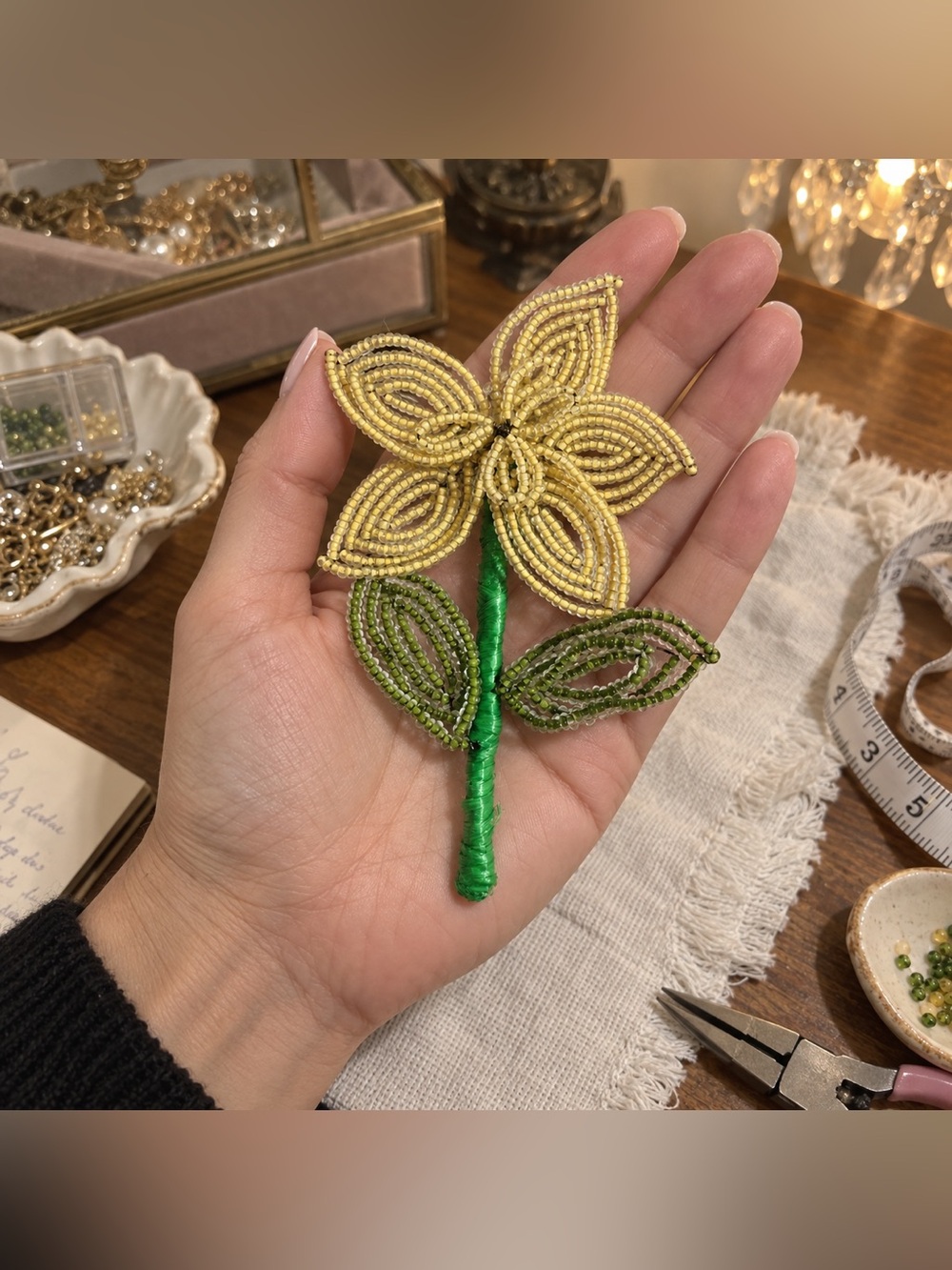 Yellow Green Seed Bead Flower Brooch Oversized Statement Corsage Pin